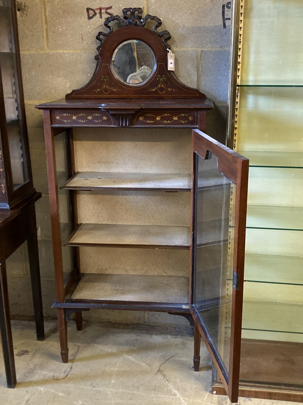 An Edwardian painted mahogany mirror back display cabinet, width 69cm, depth 33cm, height 152cm